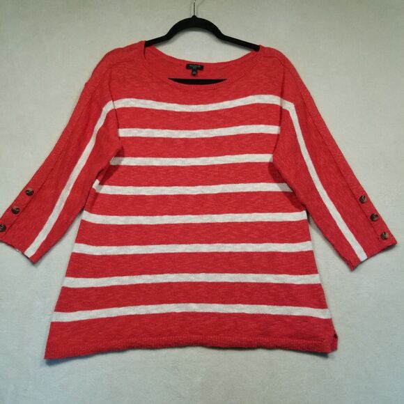 Talbots PL Petite Sweater Red/Orange White Stripe 3/4 Sleeve Cotton Lightweight - Picture 1 of 8